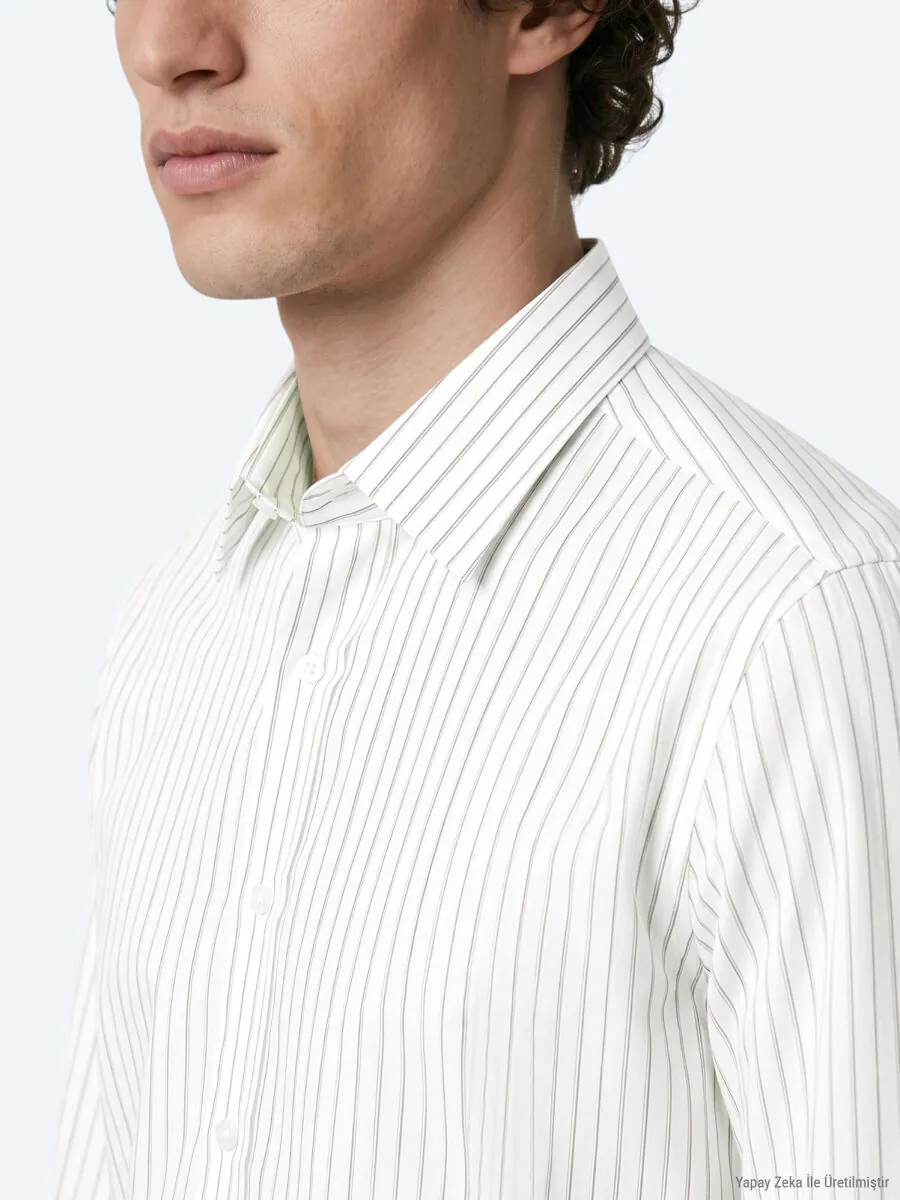Light Beige Striped Regular Fit Long Weaving Casual 100% Cotton Shirt - 4