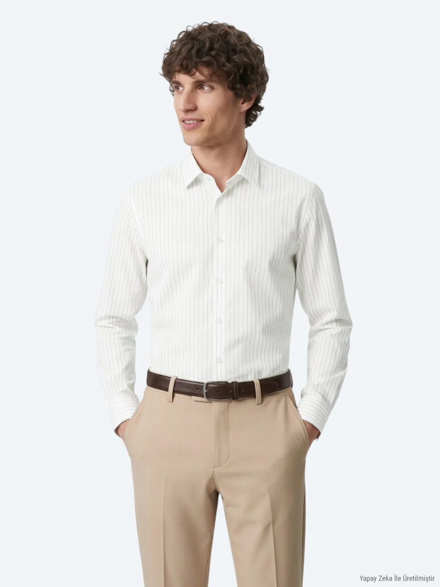 Light Beige Striped Regular Fit Long Weaving Casual 100% Cotton Shirt - 5