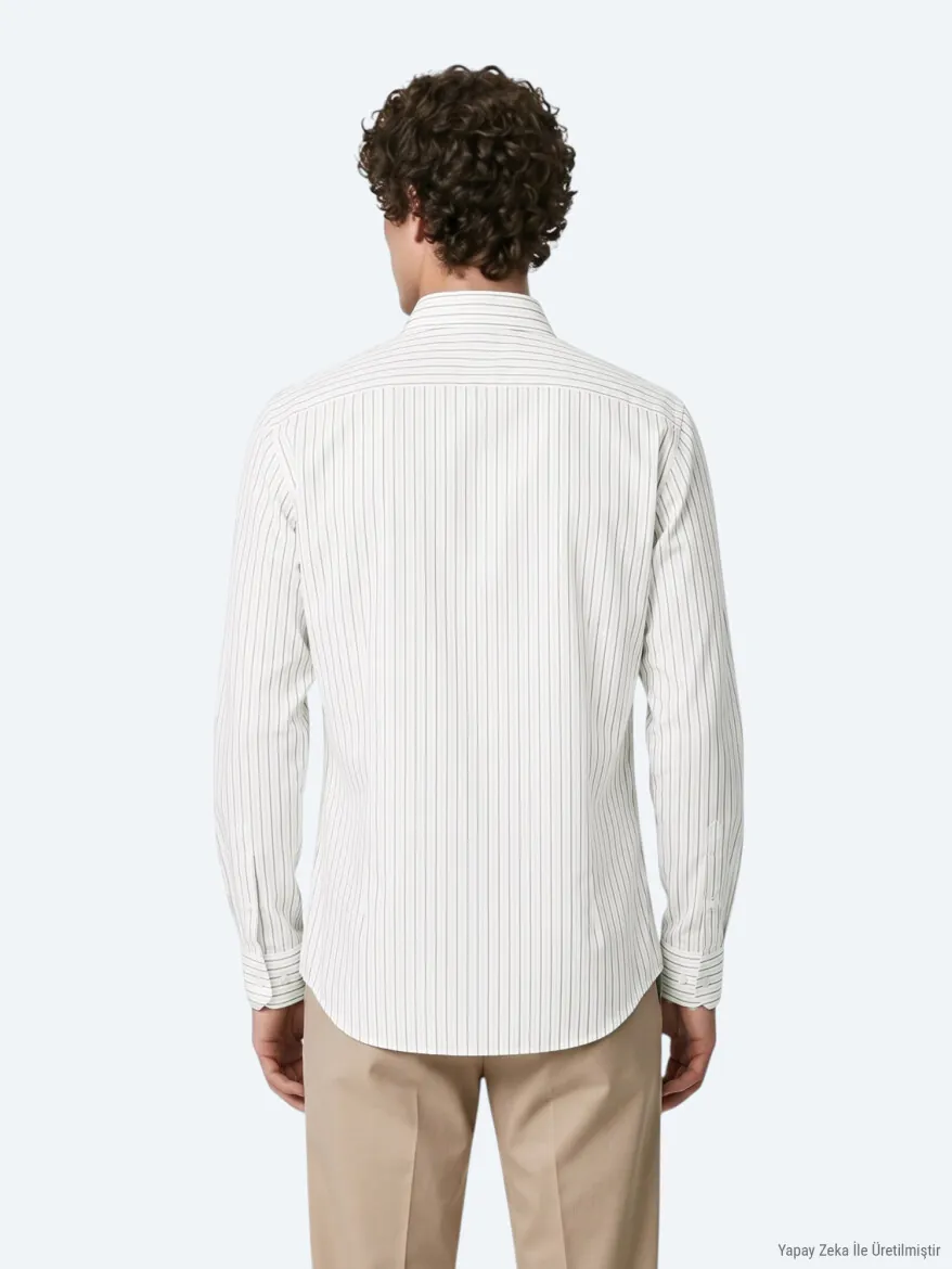 Light Beige Striped Regular Fit Long Weaving Casual 100% Cotton Shirt - 6