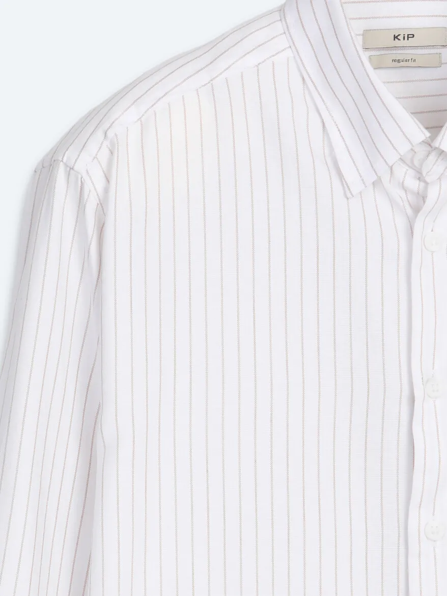 Light Beige Striped Regular Fit Long Weaving Casual 100% Cotton Shirt - 8