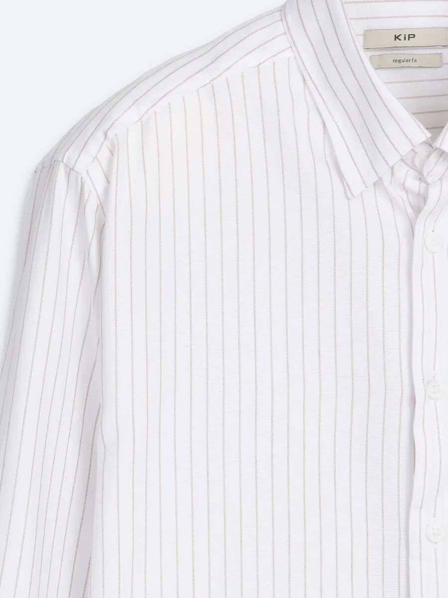 Light Beige Striped Regular Fit Long Weaving Casual 100% Cotton Shirt - 8