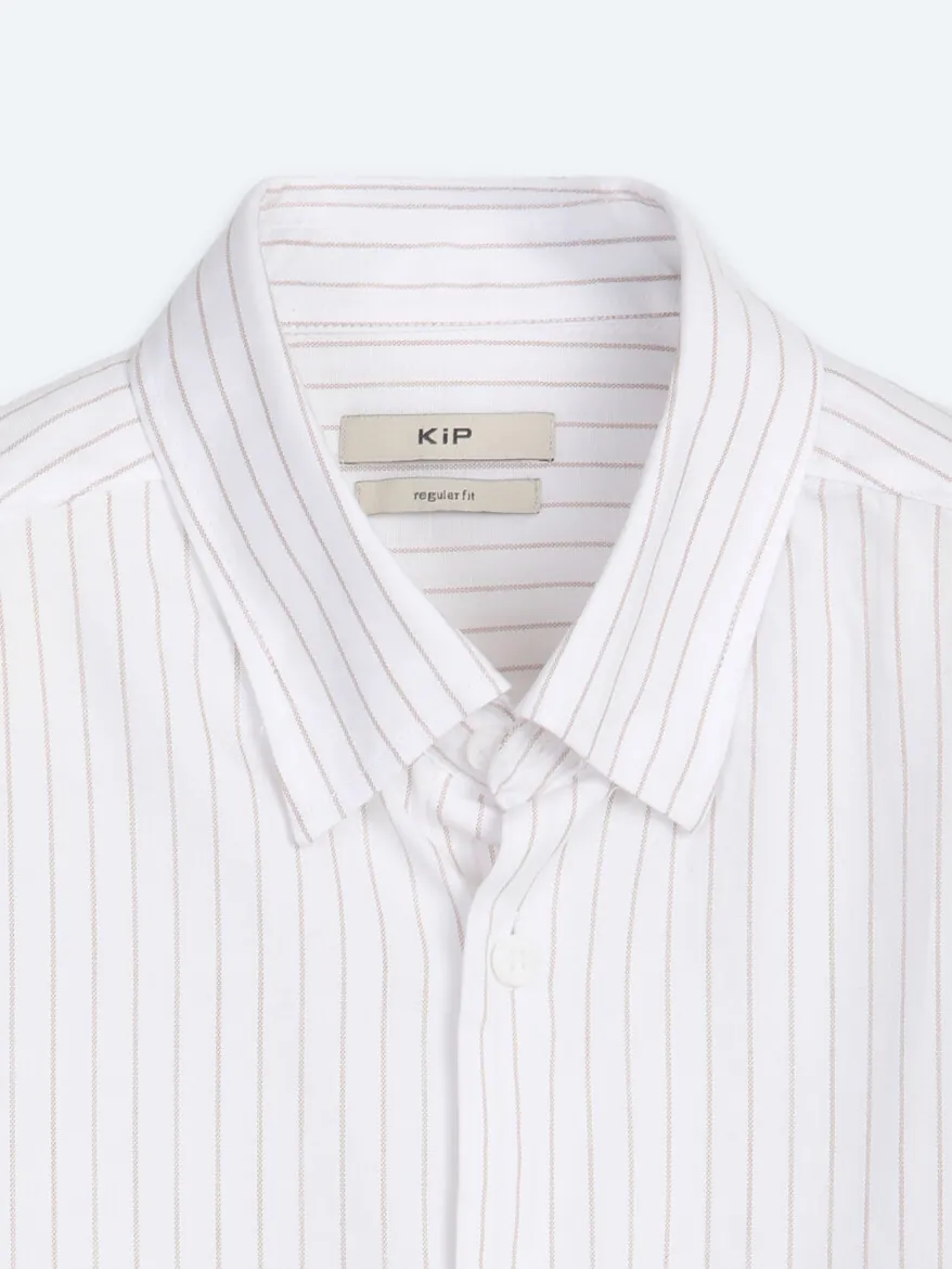Light Beige Striped Regular Fit Long Weaving Casual 100% Cotton Shirt - 9