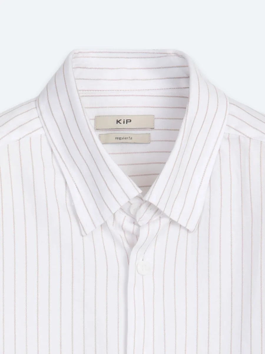Light Beige Striped Regular Fit Long Weaving Casual 100% Cotton Shirt - 9
