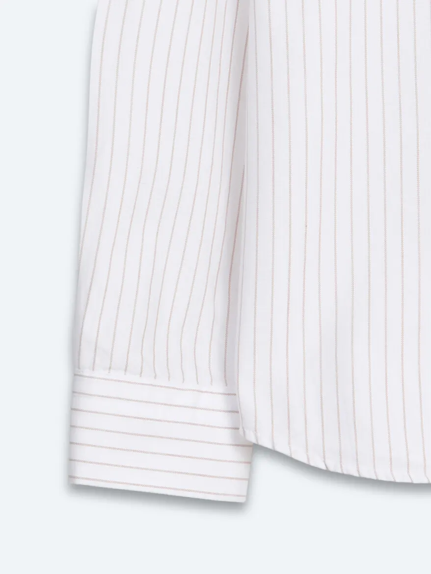 Light Beige Striped Regular Fit Long Weaving Casual 100% Cotton Shirt - 10