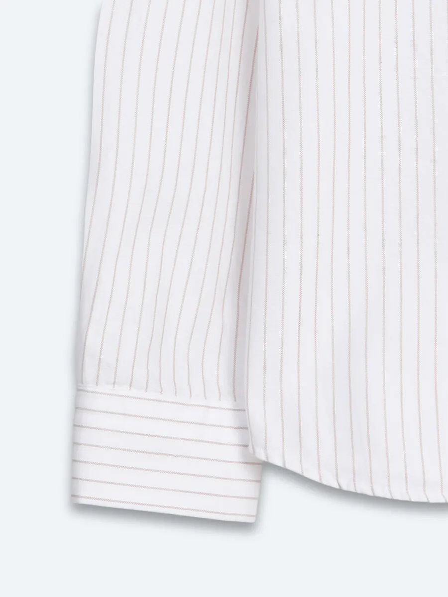 Light Beige Striped Regular Fit Long Weaving Casual 100% Cotton Shirt - 10