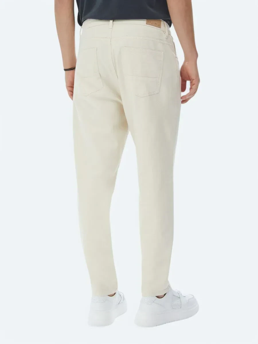 Light Beige Weaving Carrot Fit Casual Cotton Blended Trousers - 6