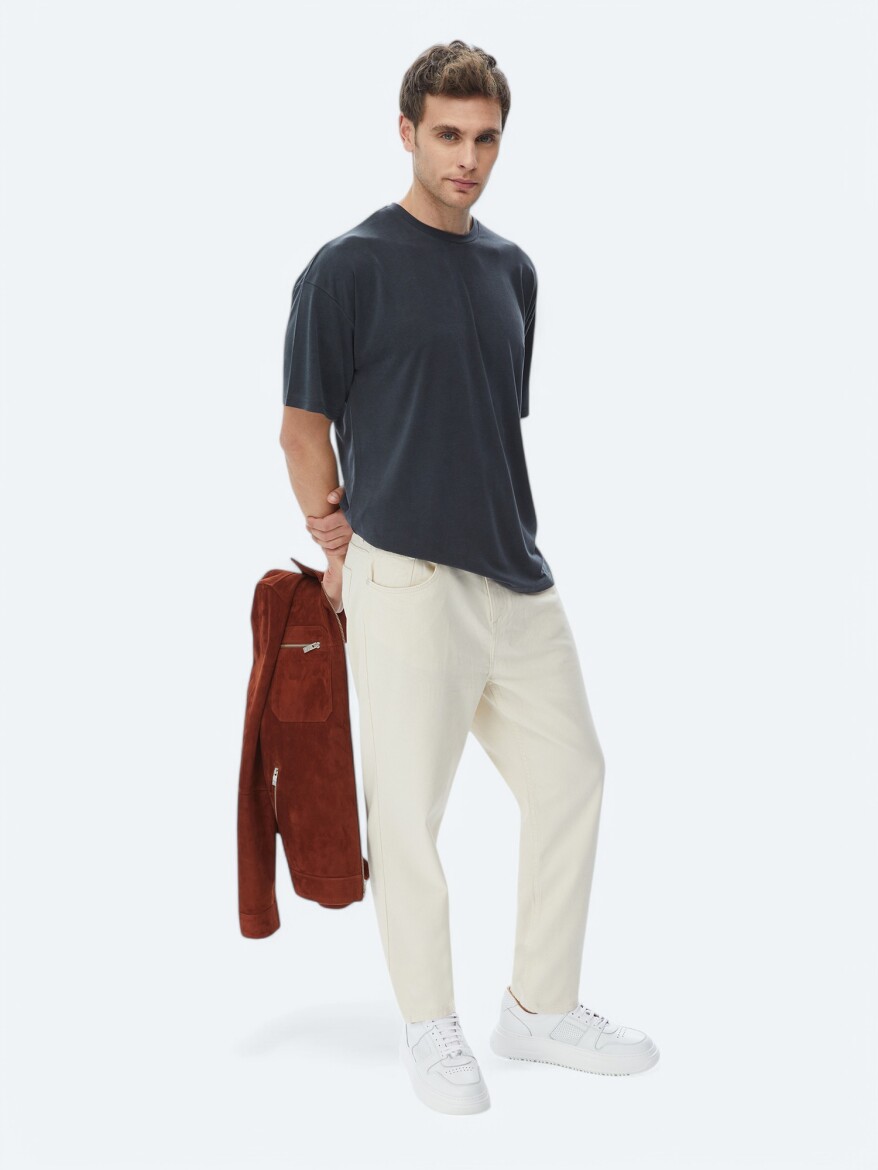 Light Beige Weaving Carrot Fit Casual Cotton Blended Trousers - 1