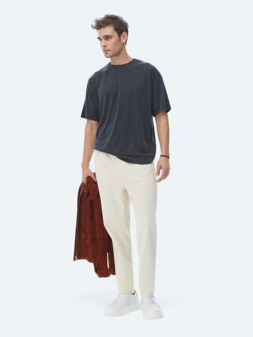 Light Beige Weaving Carrot Fit Casual Cotton Blended Trousers - 3
