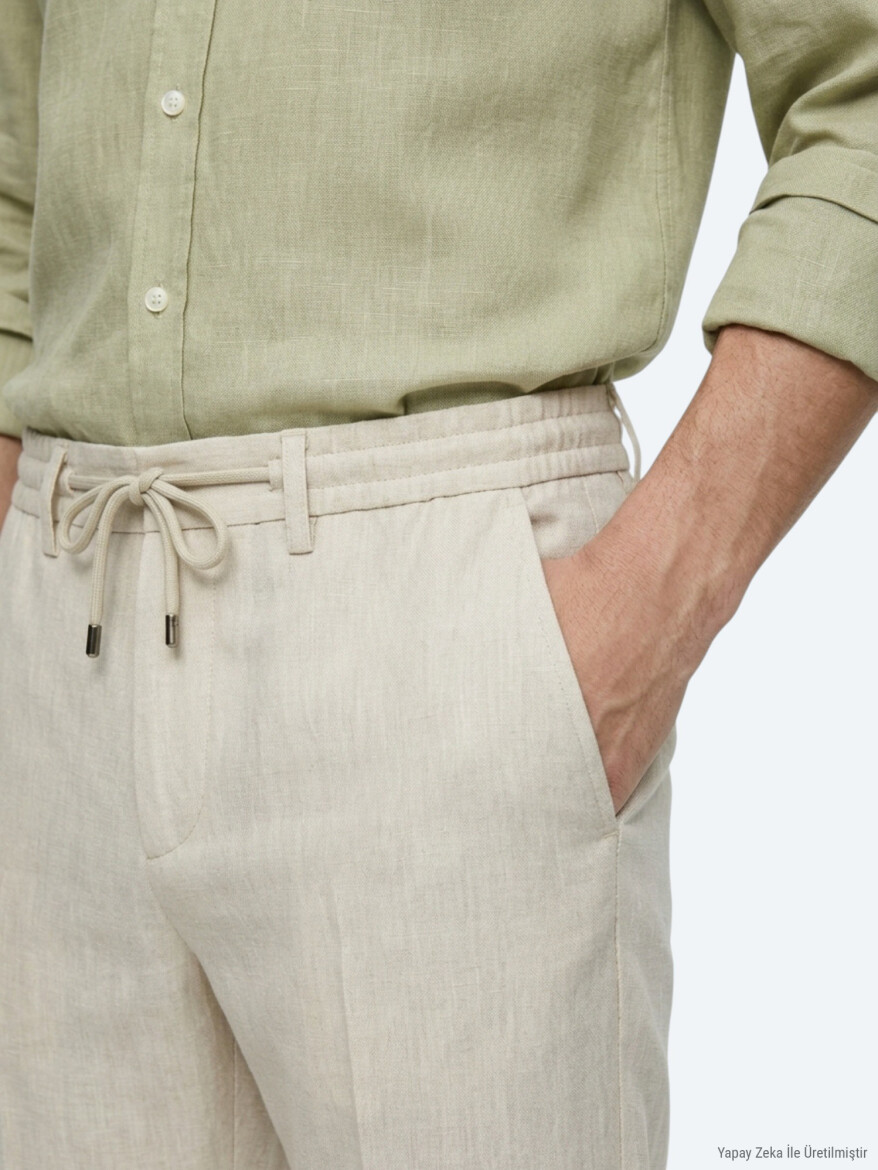 Light Beige Weaving Jogging Fit Casual Trousers - 2