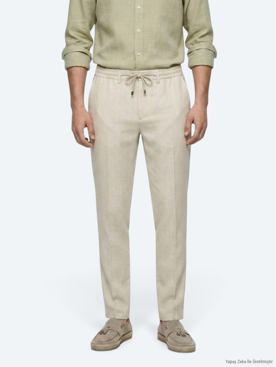 Light Beige Weaving Jogging Fit Casual Trousers - 3