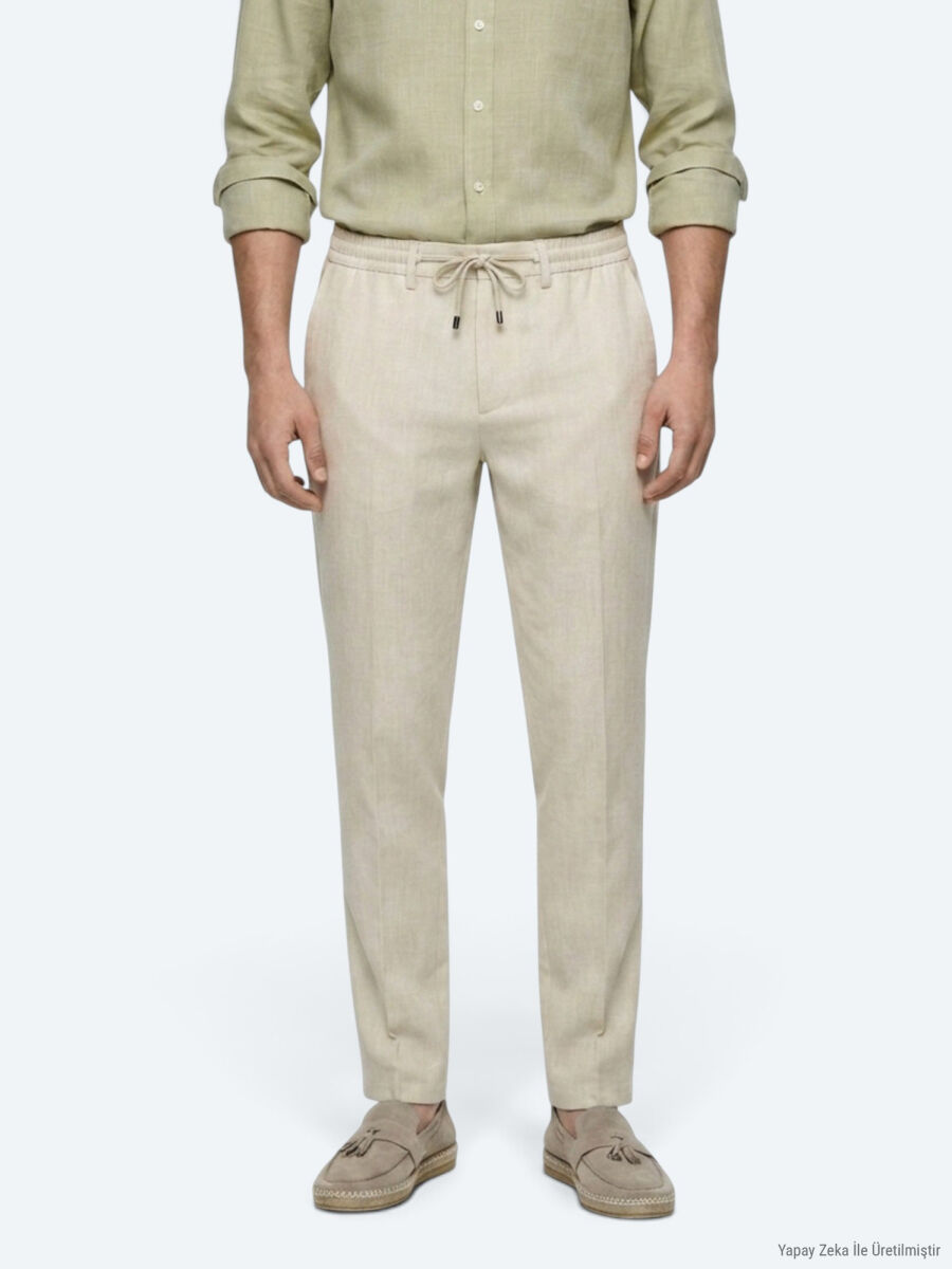 Light Beige Weaving Jogging Fit Casual Trousers - 3