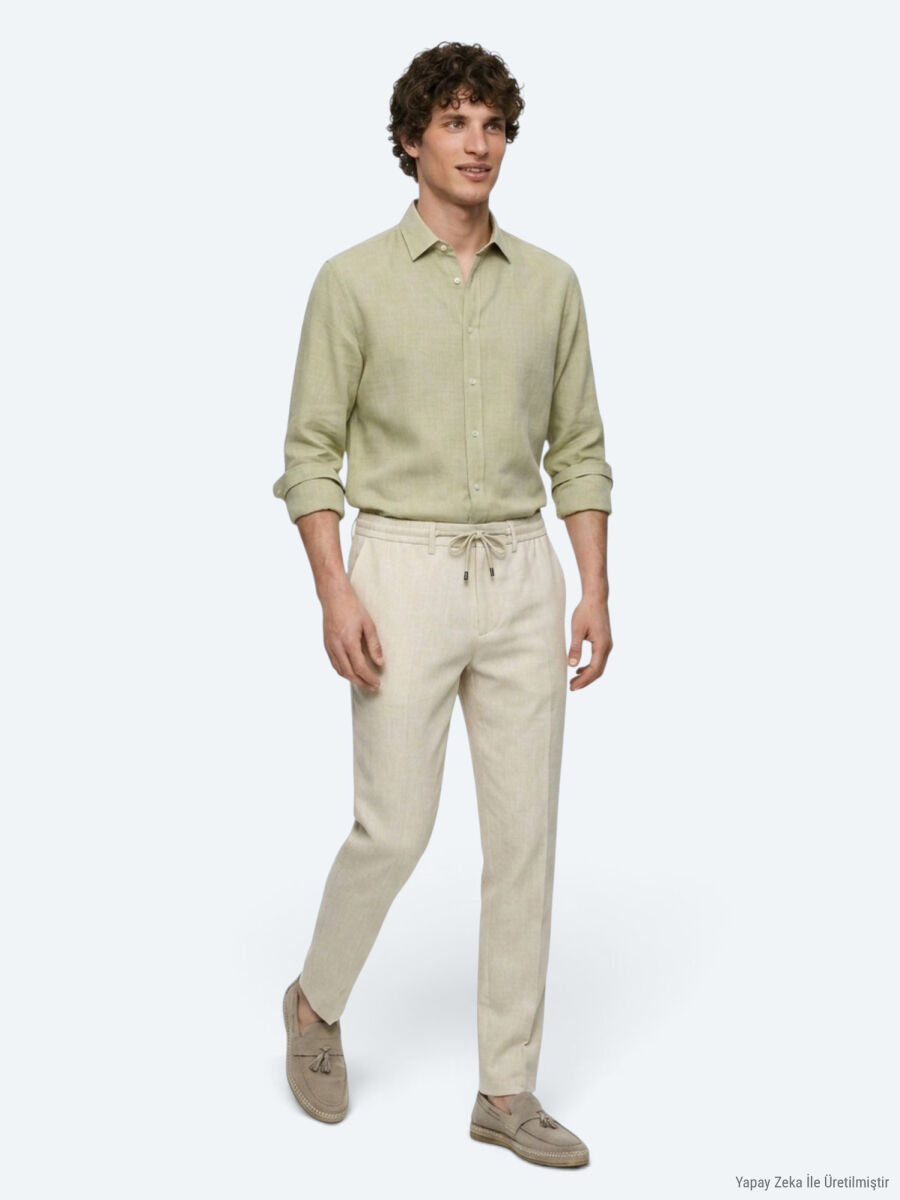 Light Beige Weaving Jogging Fit Casual Trousers - 4