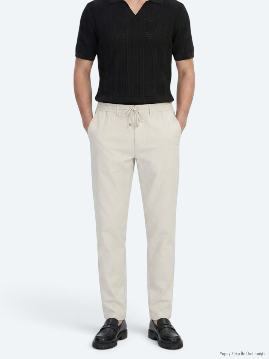 Light Beige Weaving Jogging Fit Casual Trousers - 2