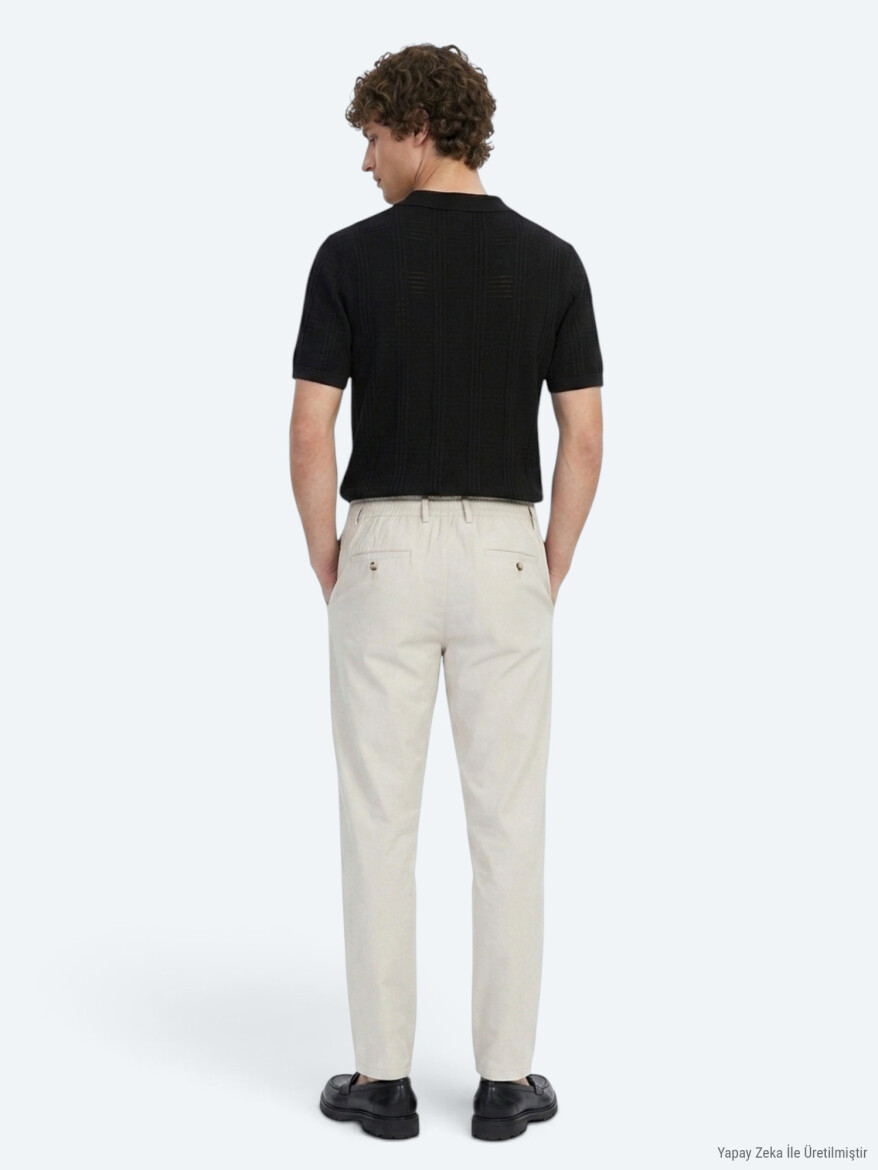 Light Beige Weaving Jogging Fit Casual Trousers - 5