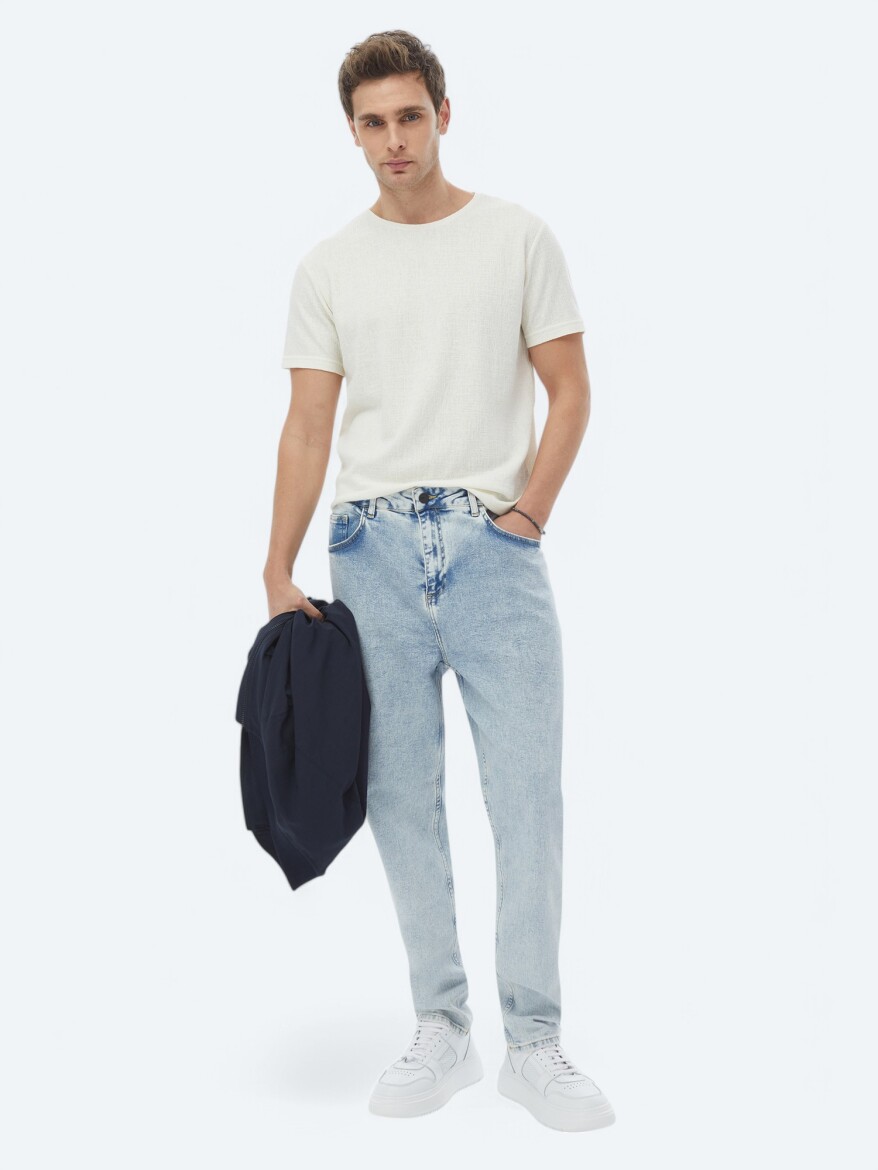 Light Blue Carrot Fit Denim 100% Cotton Trousers - 1