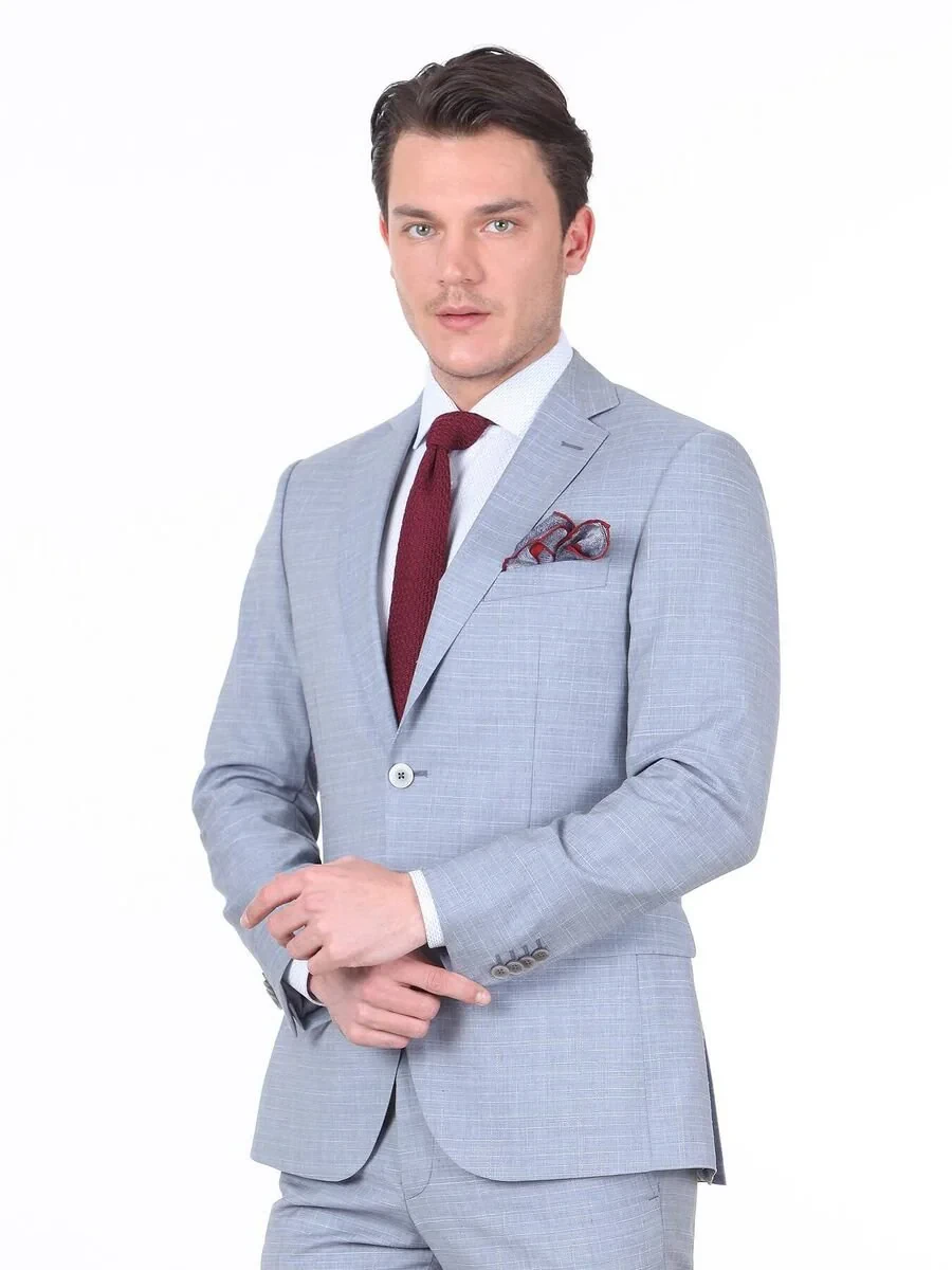 Light Blue Checkered Regular Fit 100% Wool Suit - 1