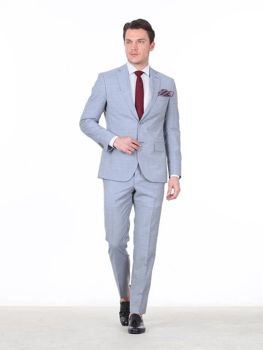 Light Blue Checkered Regular Fit 100% Wool Suit - 2