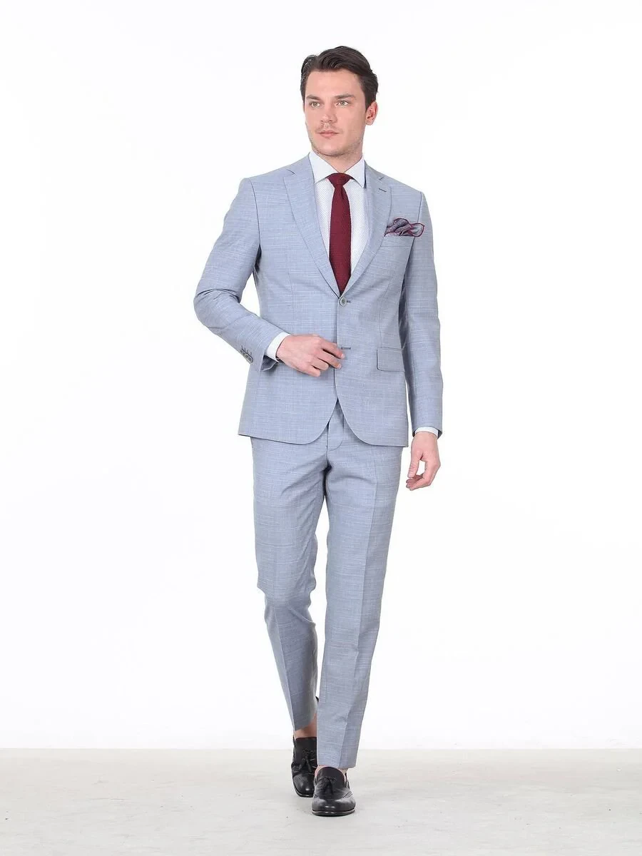 Light Blue Checkered Regular Fit 100% Wool Suit - 2