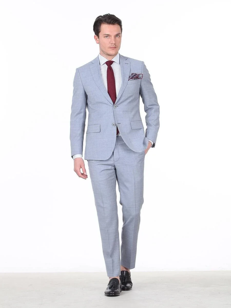 Light Blue Checkered Regular Fit 100% Wool Suit - 3