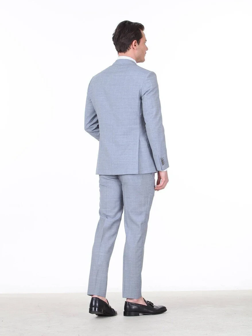 Light Blue Checkered Regular Fit 100% Wool Suit - 4