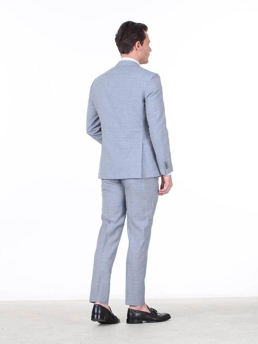 Light Blue Checkered Regular Fit 100% Wool Suit - 4