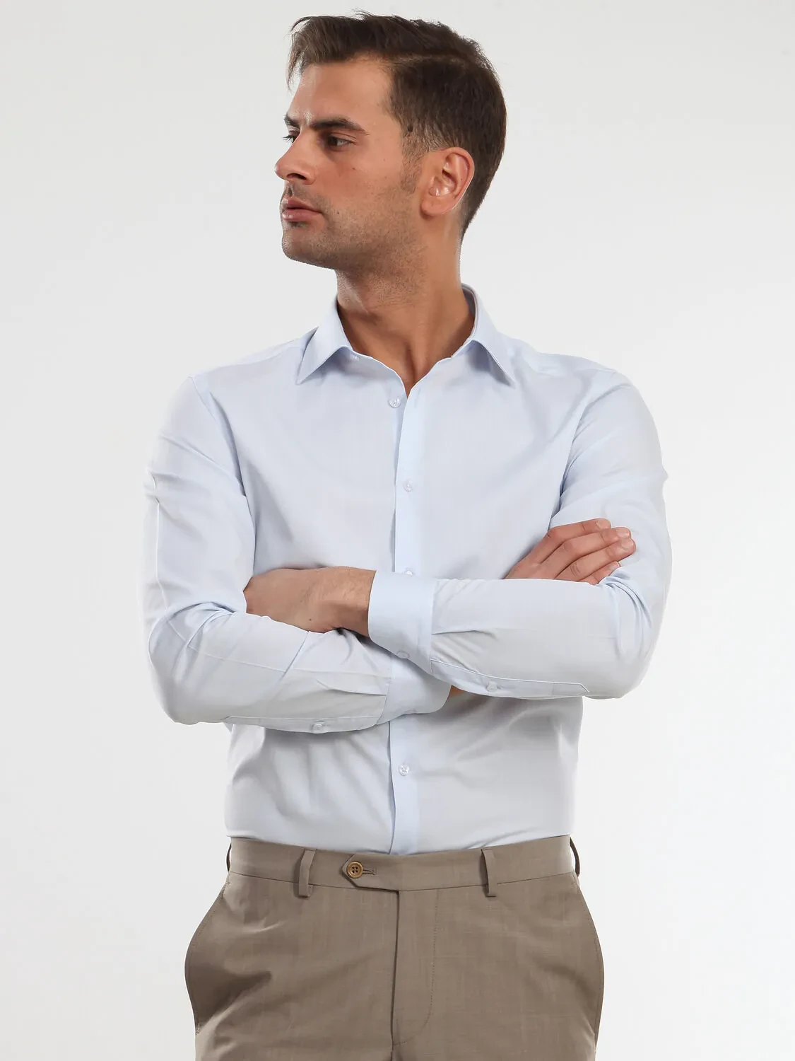 Light Blue Cotton Blended Short Sleeve Shirt - 1