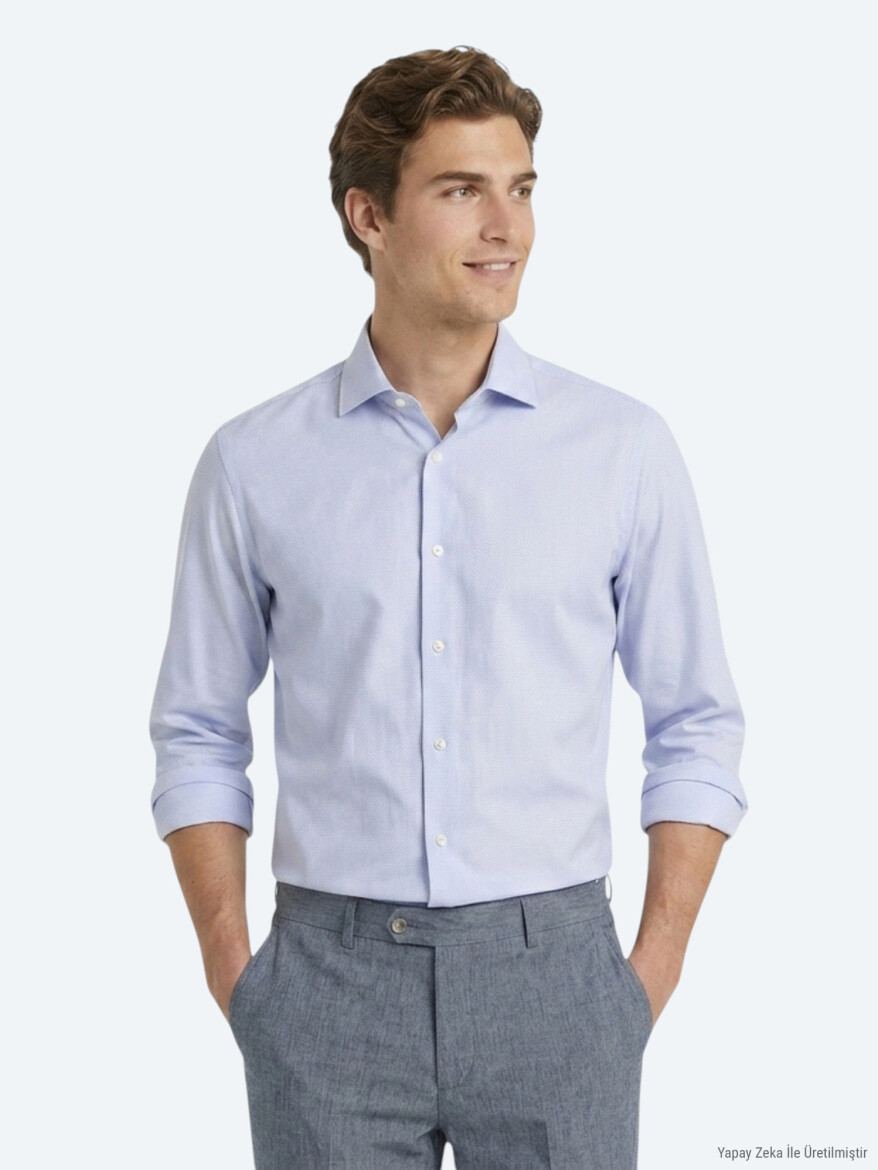 Light Blue Micro Regular Fit Long Weaving Casual 100% Cotton Shirt - KİP