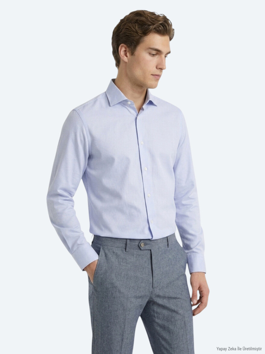 Light Blue Micro Regular Fit Long Weaving Casual 100% Cotton Shirt - 3