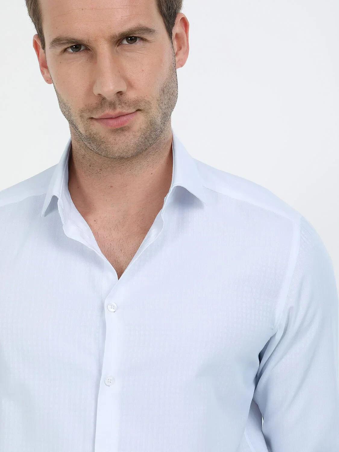Light Blue Micro Slim Fit Weaving Classical Cotton Blended Shirt - 3