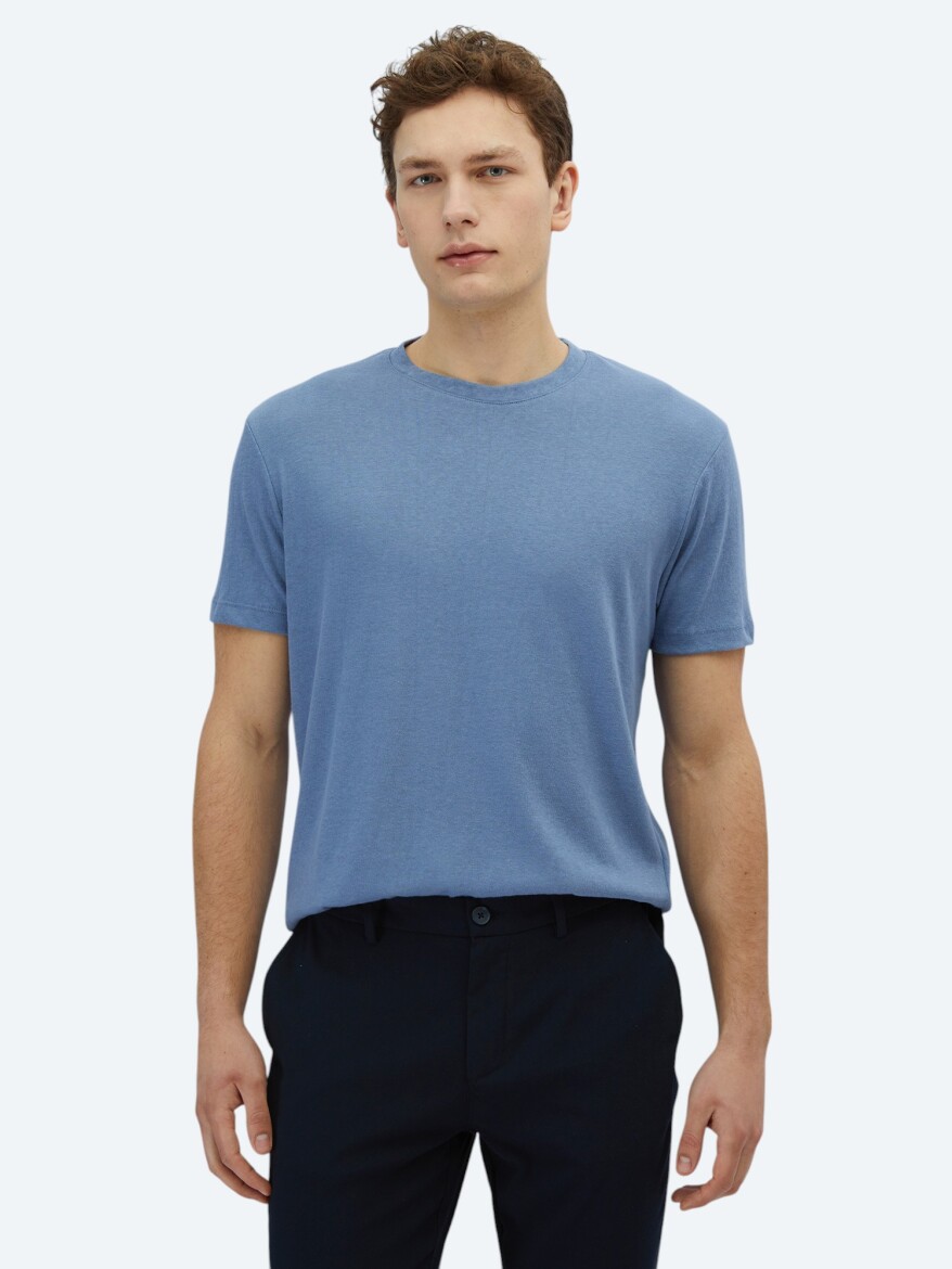 Light Blue Plain Crew Neck Cotton Blended T-Shirt - KİP