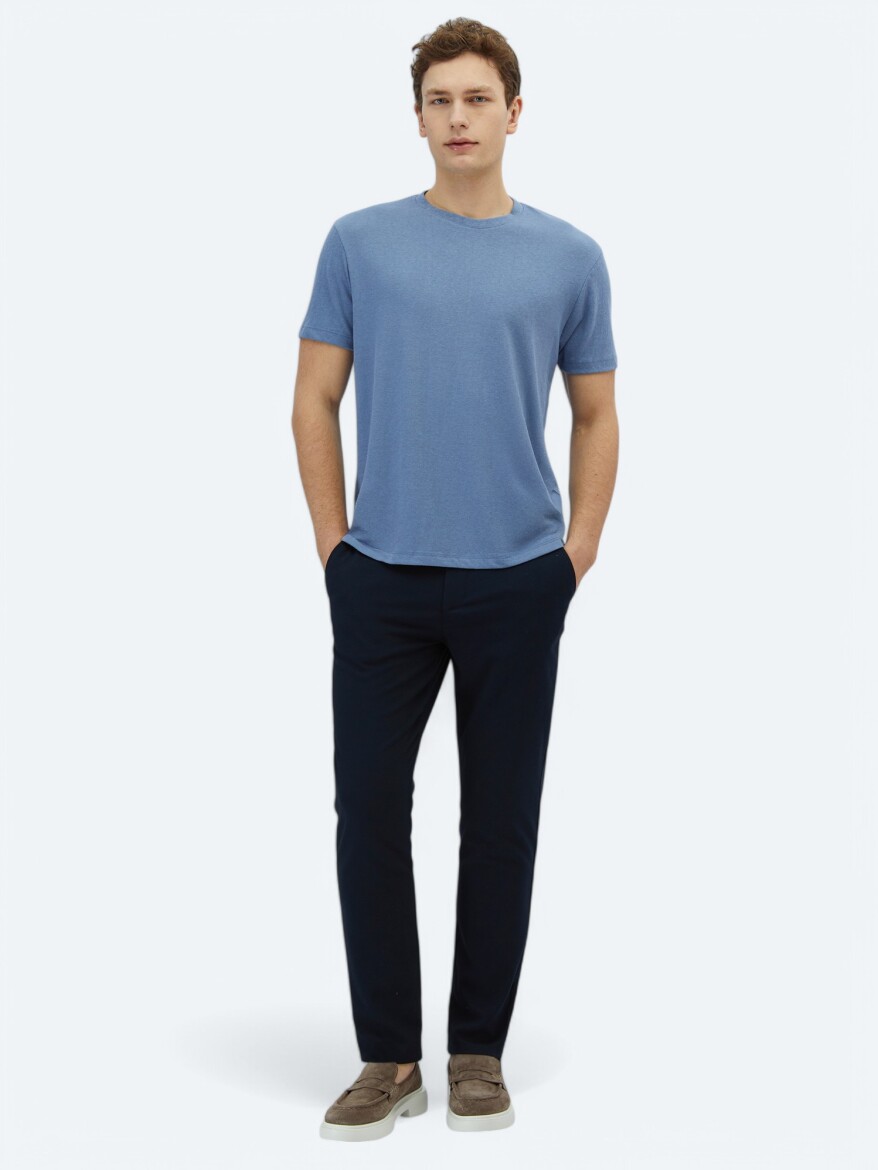 Light Blue Plain Crew Neck Cotton Blended T-Shirt - KİP
