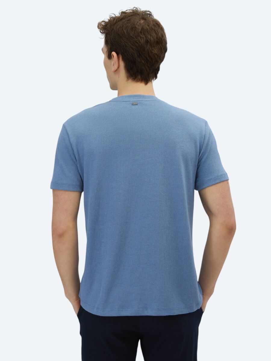 Light Blue Plain Crew Neck Cotton Blended T-Shirt - 4