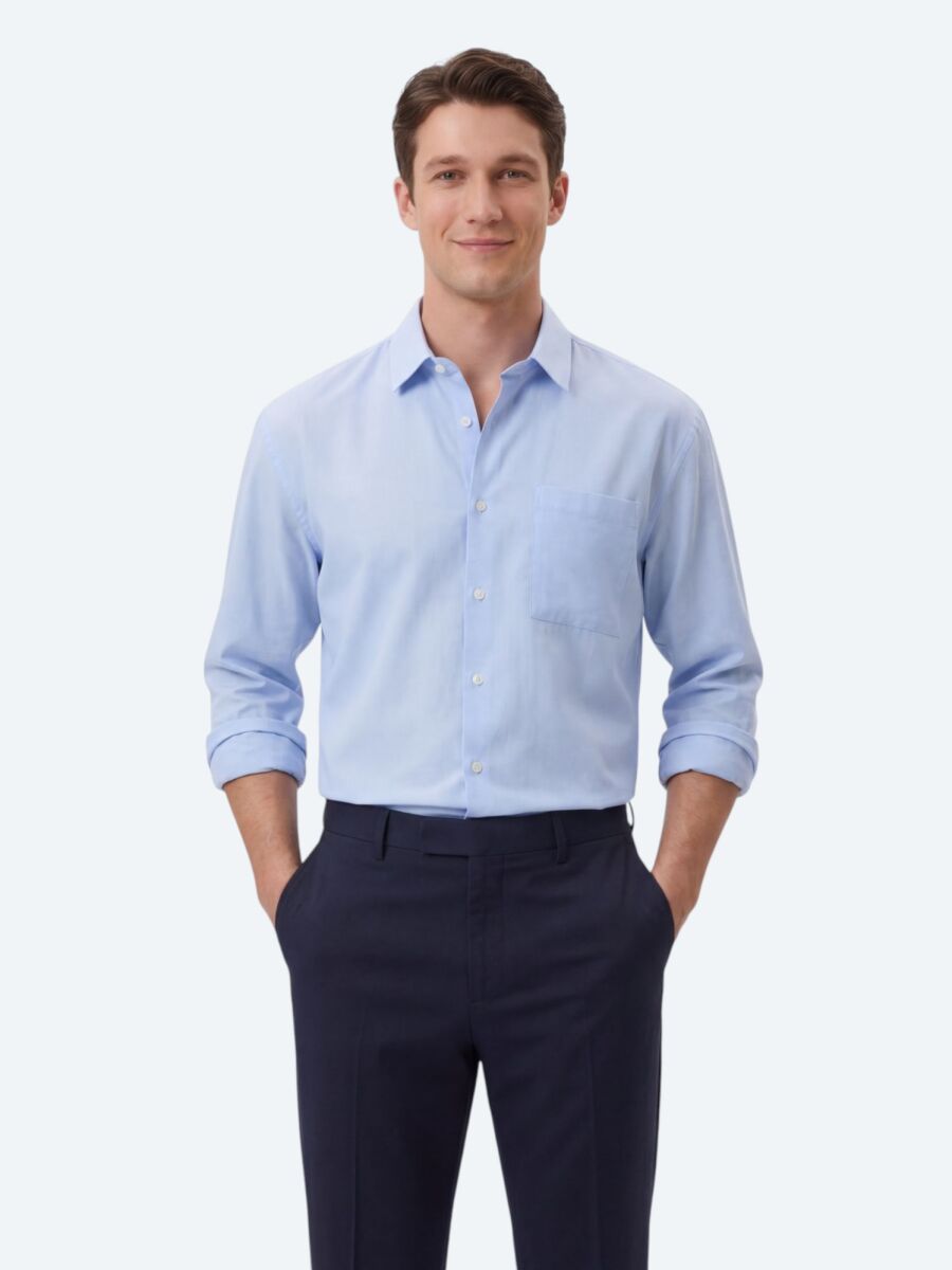 Light Blue Plain Oversize Fit Long Weaving Casual Shirt - 1