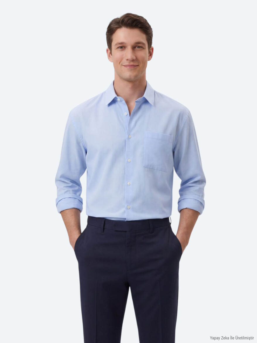 Light Blue Plain Oversize Fit Long Weaving Casual Shirt - KİP