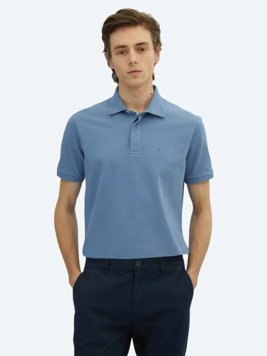 Light Blue Plain Polo Neck 100% Cotton T-Shirt - 1