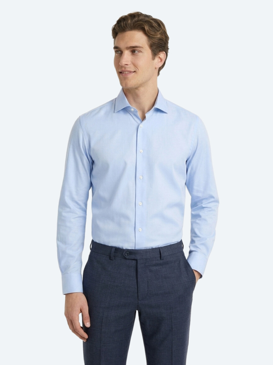 Light Blue Plain Regular Fit Long Weaving Casual 100% Cotton Shirt - KİP