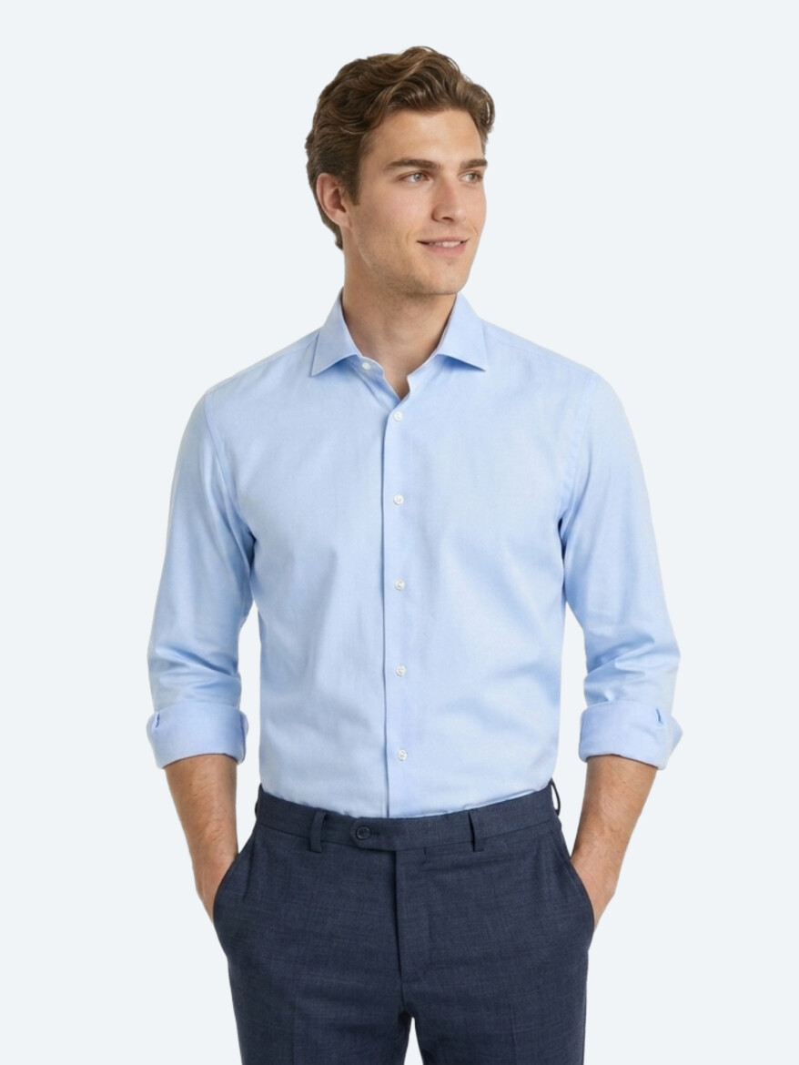 Light Blue Plain Regular Fit Long Weaving Casual 100% Cotton Shirt - 3