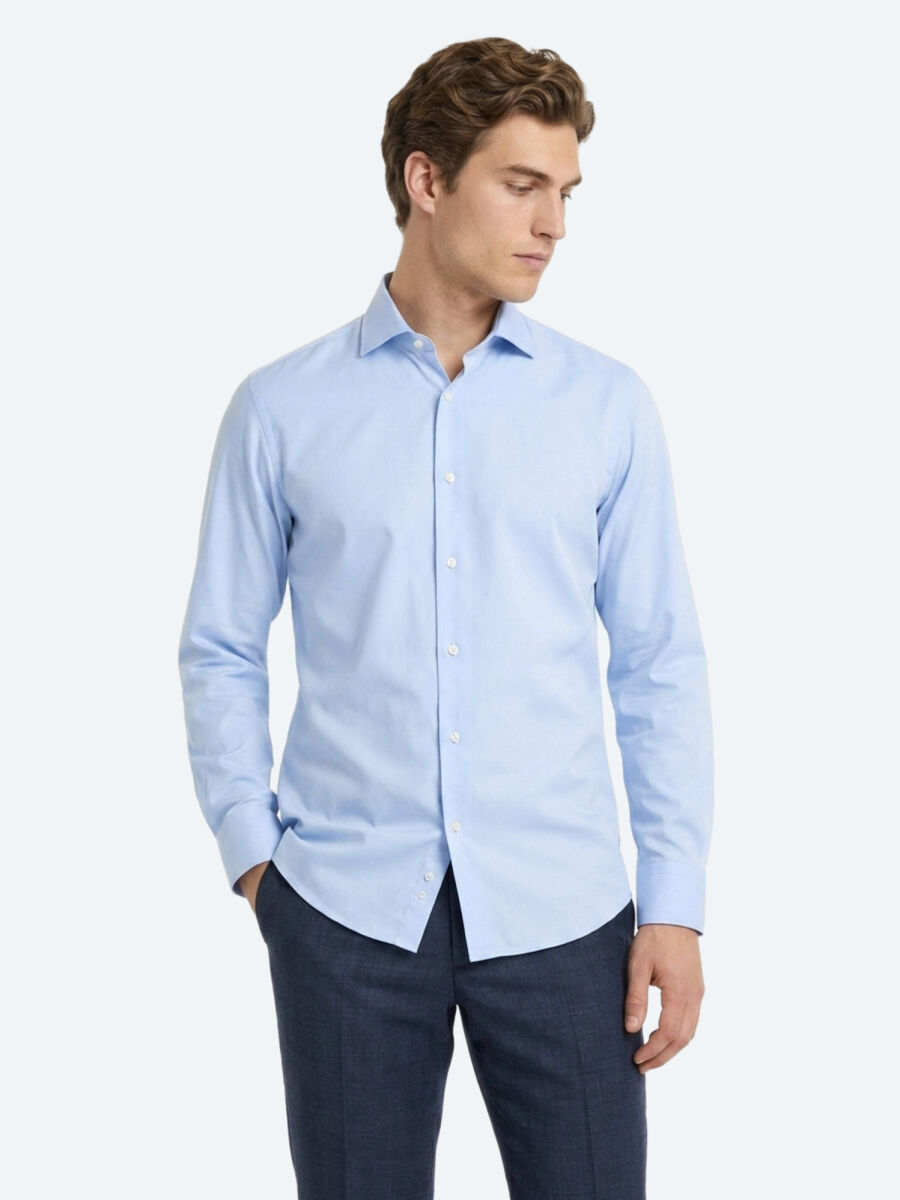 Light Blue Plain Regular Fit Long Weaving Casual 100% Cotton Shirt - 4