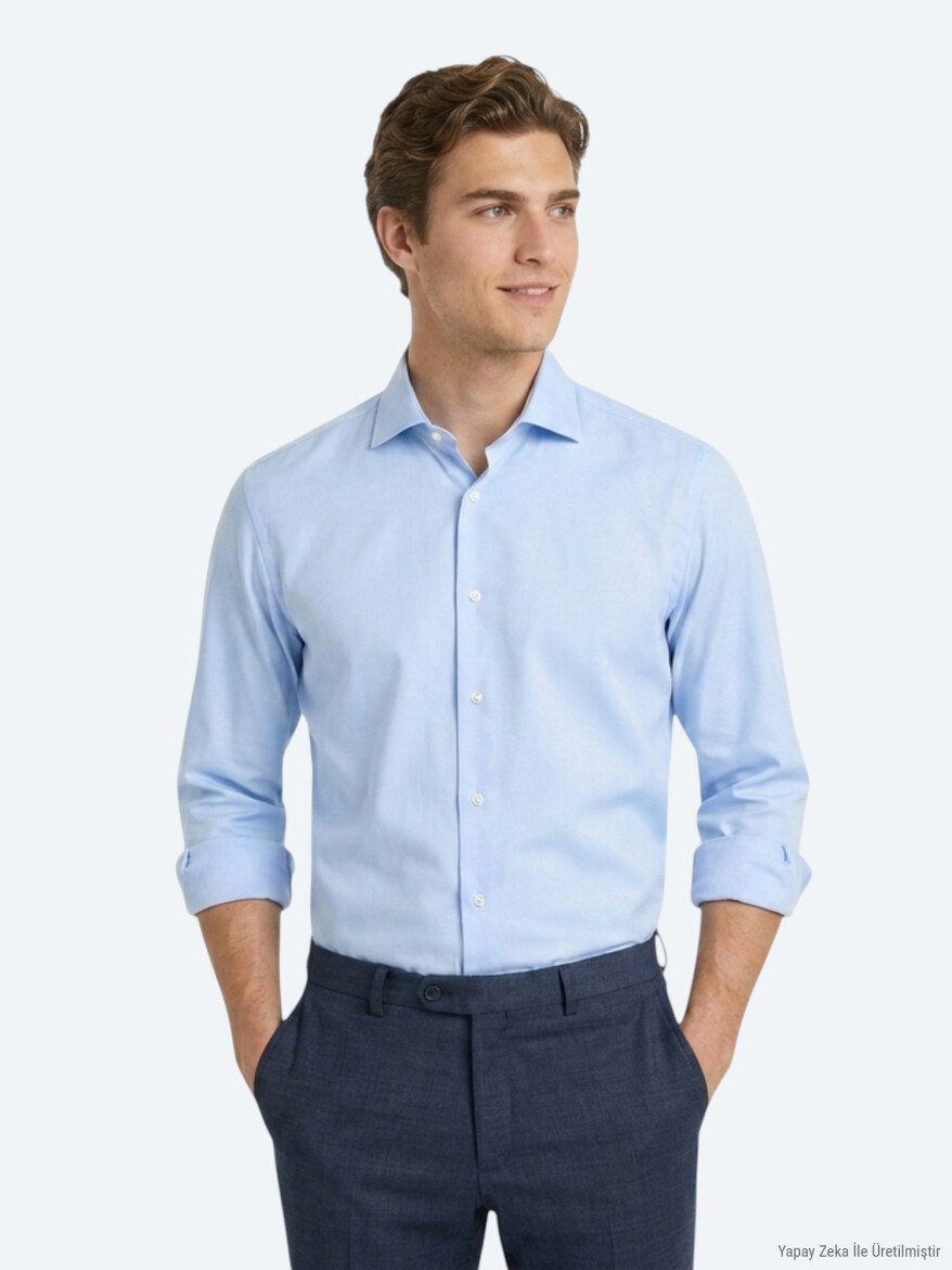 Light Blue Plain Regular Fit Long Weaving Casual 100% Cotton Shirt - 3