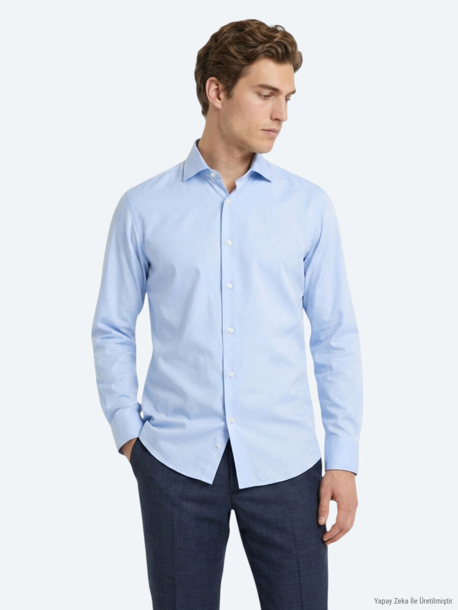 Light Blue Plain Regular Fit Long Weaving Casual 100% Cotton Shirt - 4