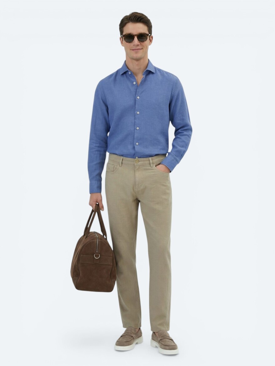 Light Blue Plain Regular Fit Long Weaving Casual Cotton Blended Shirt - 2