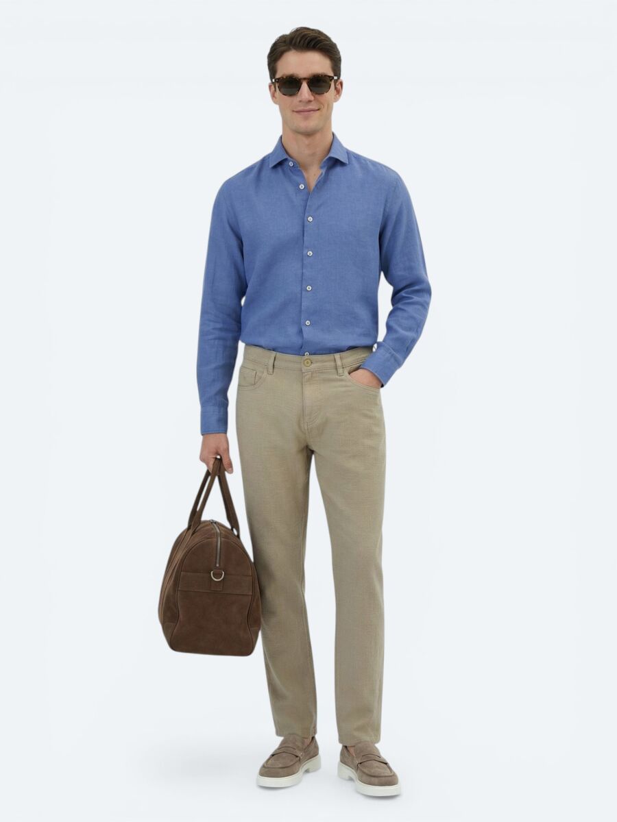 Light Blue Plain Regular Fit Long Weaving Casual Cotton Blended Shirt - 2