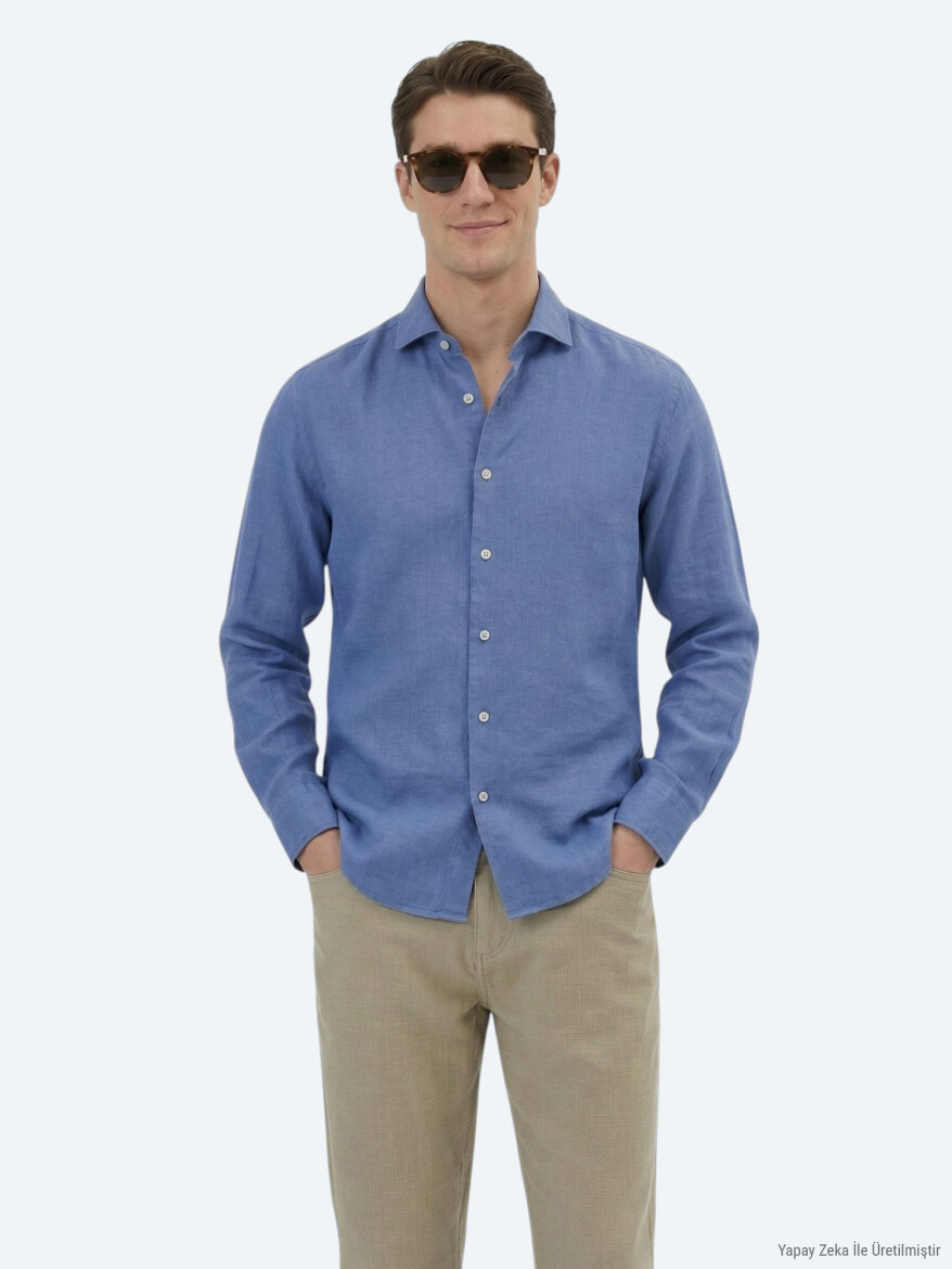 Light Blue Plain Regular Fit Long Weaving Casual Cotton Blended Shirt 