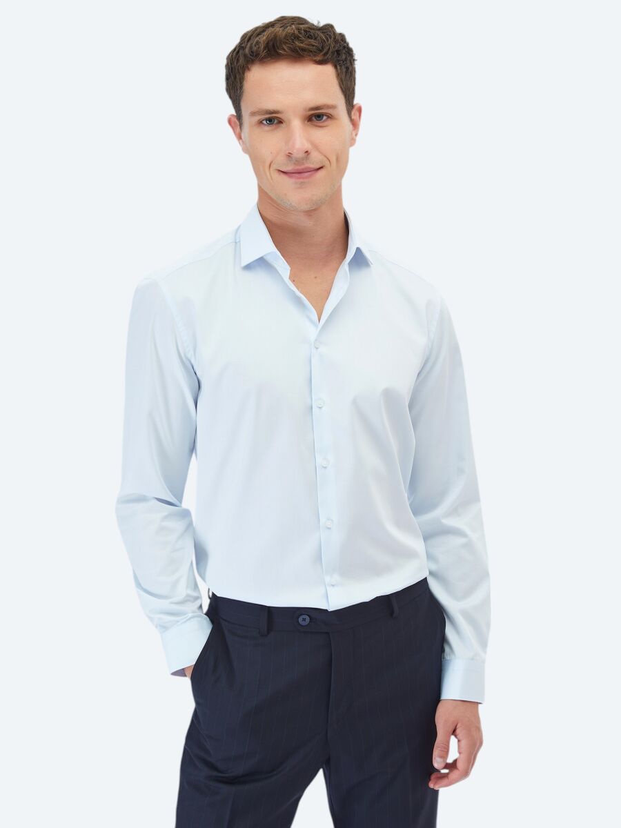 Light Blue Plain Regular Fit Long Weaving Classical 100% Cotton Shirt - 1