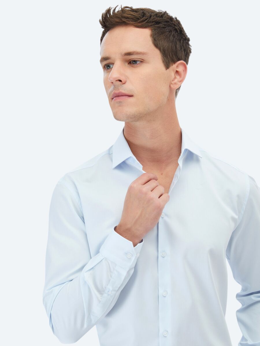 Light Blue Plain Regular Fit Long Weaving Classical 100% Cotton Shirt - 3