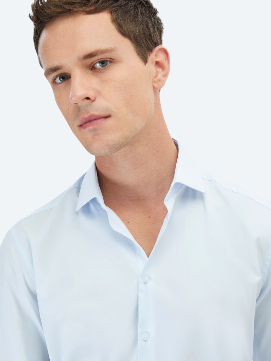 Light Blue Plain Regular Fit Long Weaving Classical 100% Cotton Shirt - 4