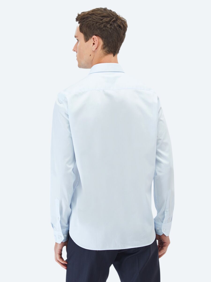 Light Blue Plain Regular Fit Long Weaving Classical 100% Cotton Shirt - 6