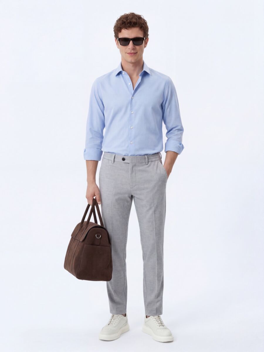 Light Blue Plain Regular Fit Long Weaving Classical Cotton Blended Shirt - 1