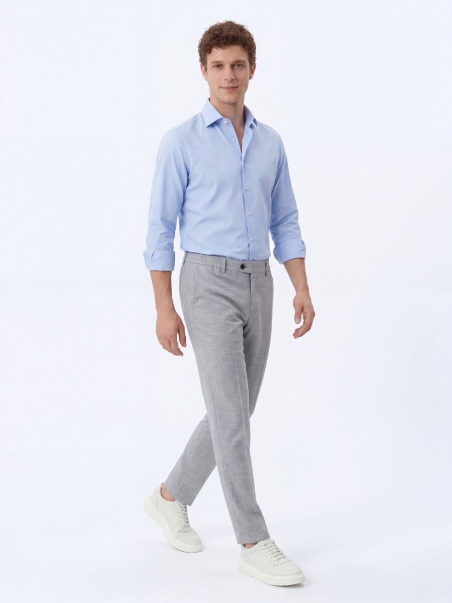 Light Blue Plain Regular Fit Long Weaving Classical Cotton Blended Shirt - 2