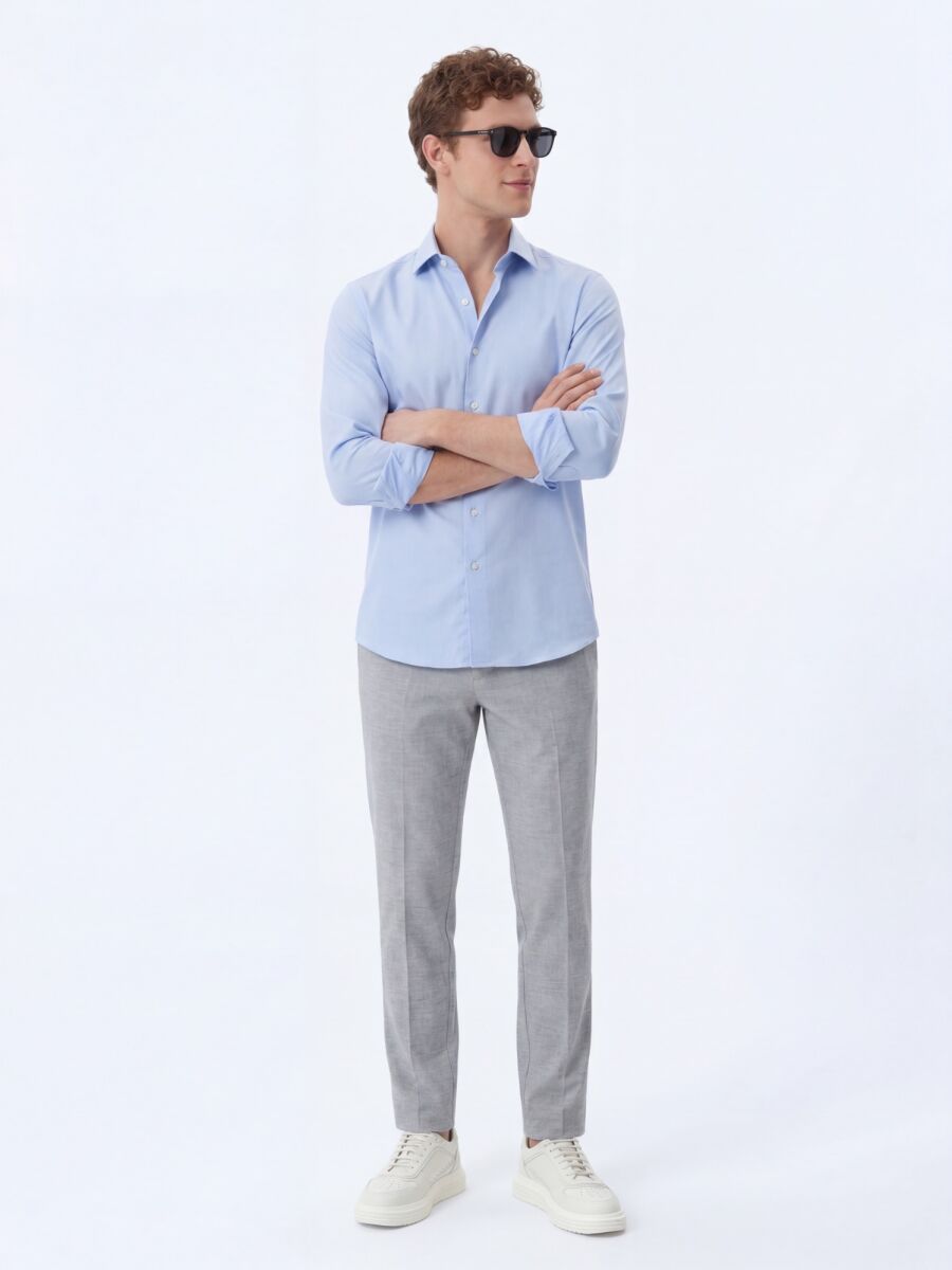 Light Blue Plain Regular Fit Long Weaving Classical Cotton Blended Shirt - 4